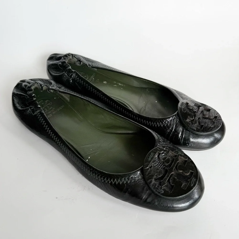 Tory Burch Green Patent Leather Minnie Flats Size 8